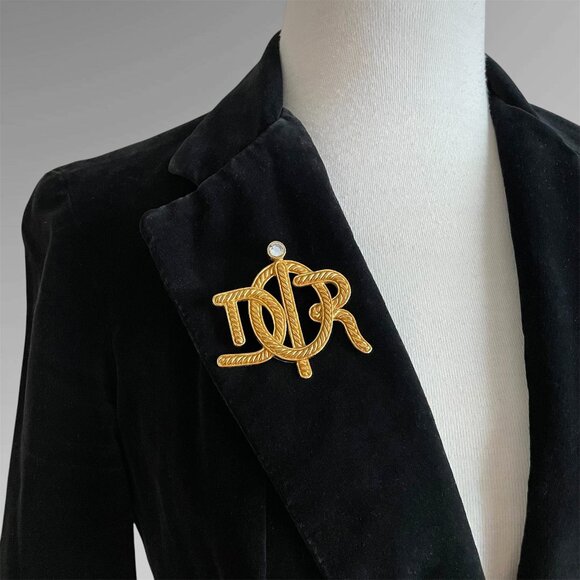 Vintage CHRISTIAN DIOR 80s Large Gold Plated Monogram Rhinestone Signed Brooch - Picture 5 of 8